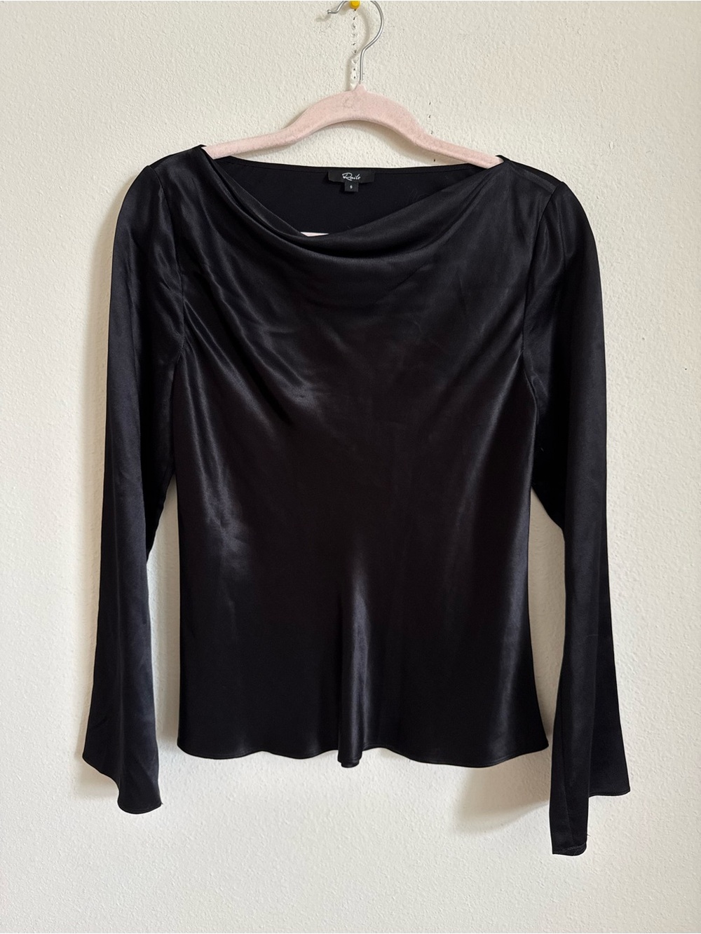 Rails Amari Cowl Neck Black Satin Long Sleeve Drape Blouse Top Size S